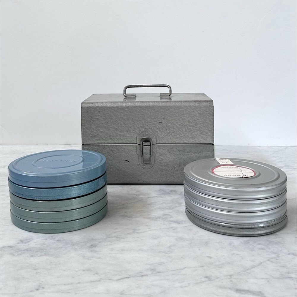 Vintage 8mm Film Storage Metal Case Box w/ 12 Slots and 9 Empty Film Canisters
